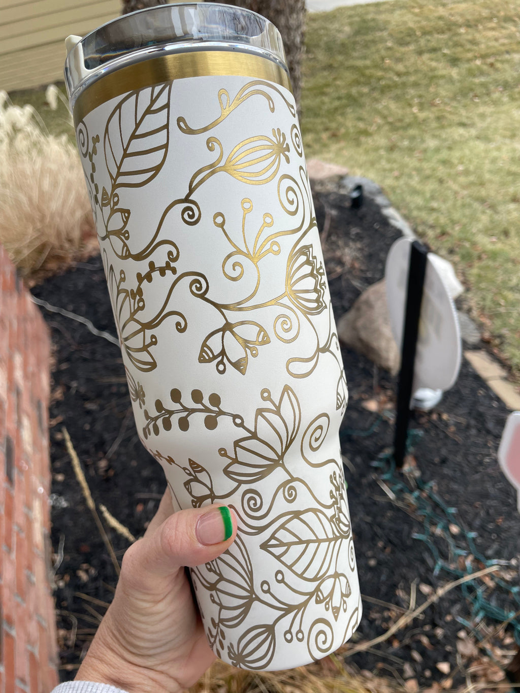 40oz Tumblers Full Doodle Flower Wrap Engrave with handle and straw