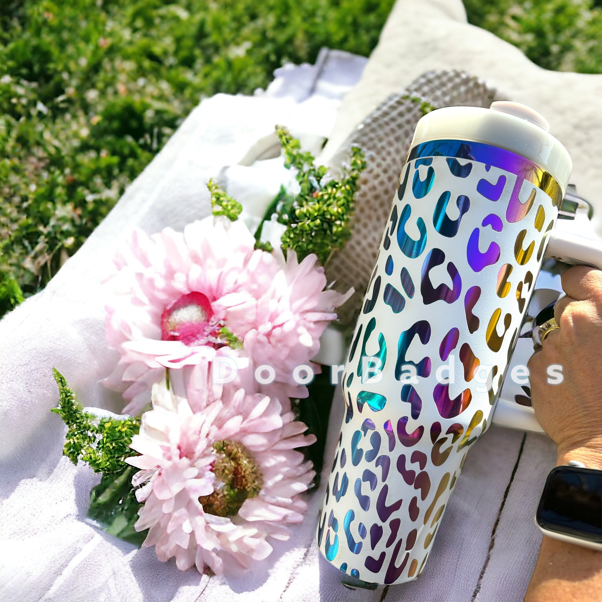 40oz Cheetah Engraved Rainbow Tumblers Full Wrap with handle and straw