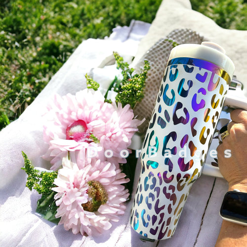 40oz Cheetah Engraved Rainbow Tumblers Full Wrap with handle and straw