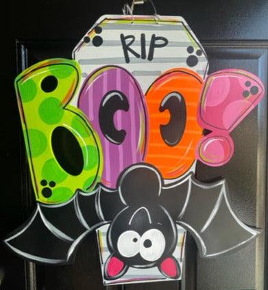 Halloween Boo Bat and Casket Door Hanger - Spooky-Fall-Wreath-wood cut out-hand painted door hanger
