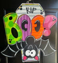 Halloween Boo Bat and Casket Door Hanger - Spooky-Fall-Wreath-wood cut out-hand painted door hanger
