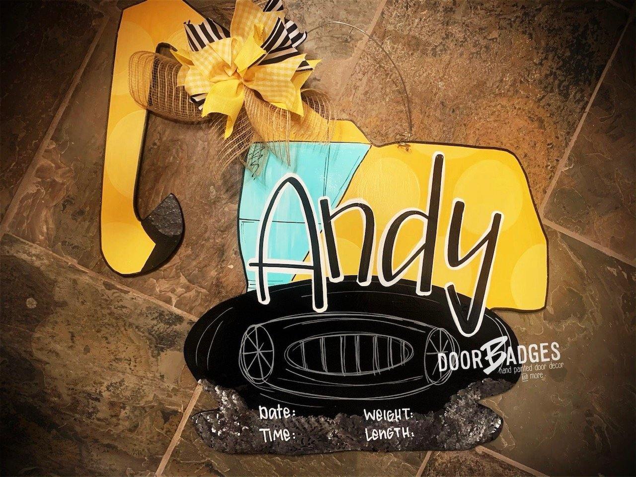 Baby Announcement Door Hanger - baby boy - construction - hospital door hanger - birth door decor - nursery decor - hand painted