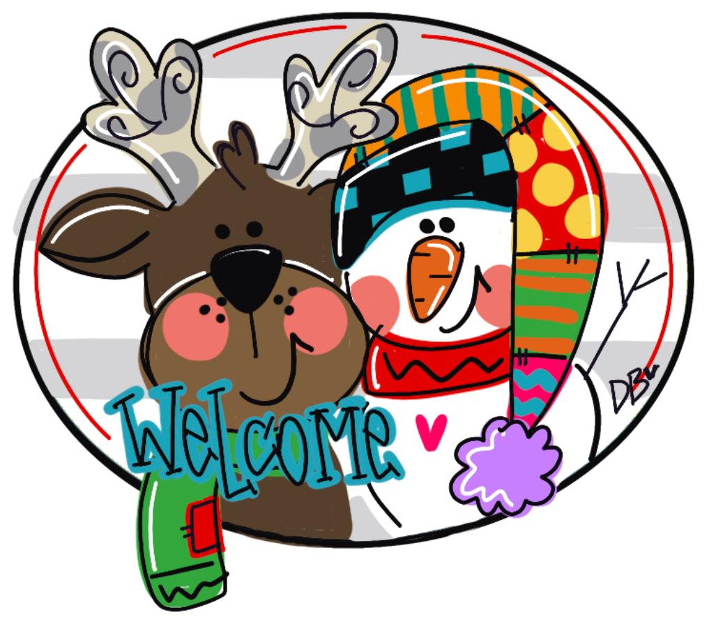 Reindeer and Santa door hanger, Winter Christmas Snow  wood cut out hand painted door hanger