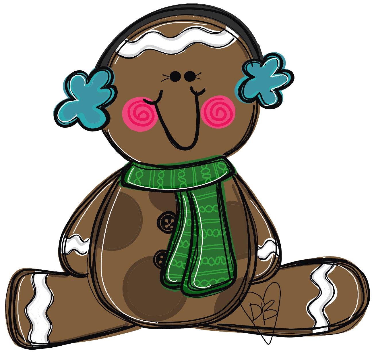 Gingerbread with Ear Muffs door hanger, Winter Christmas wood cut out hand painted door hanger