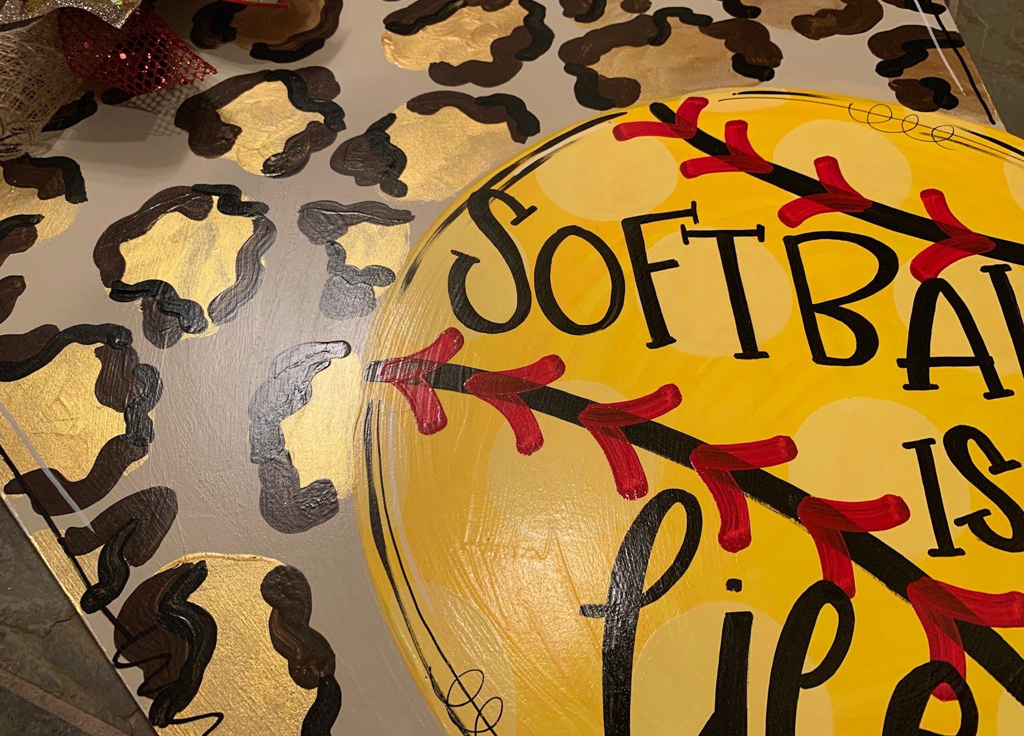 Home Plate Baseball/Softball with Leopard Print Door Hanger