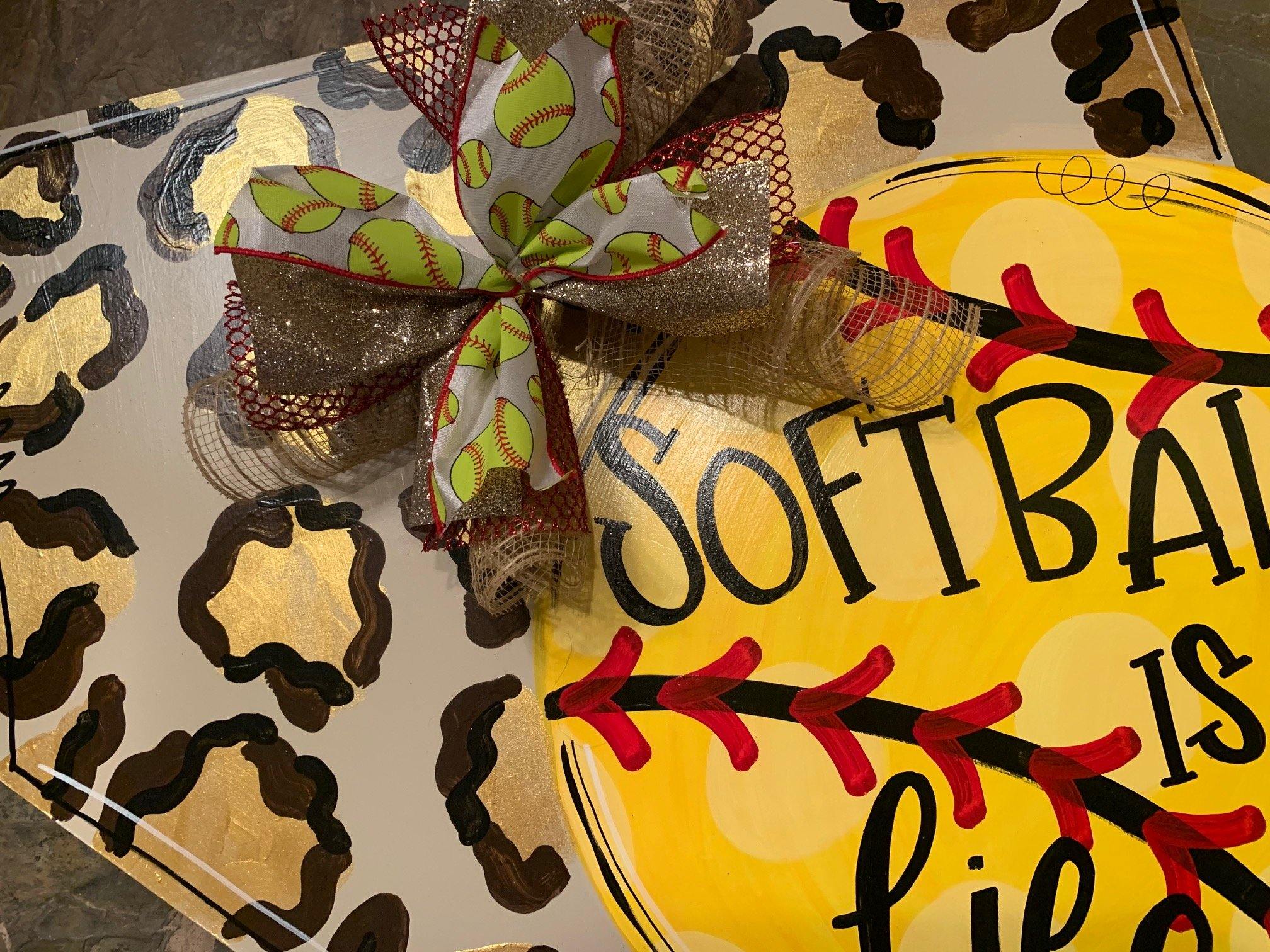 Home Plate Baseball/Softball with Leopard Print Door Hanger