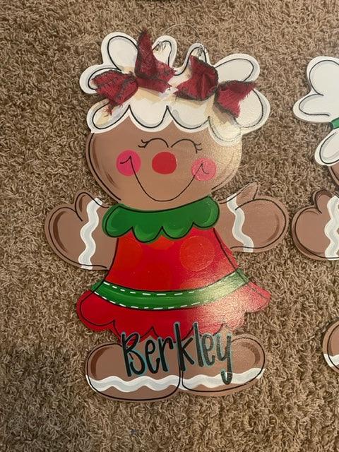 Gingerbread Girl door hanger, Winter Christmas wood cut out hand painted door hanger
