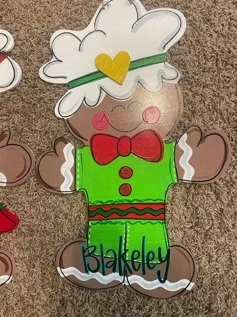 Gingerbread Boy door hanger, Winter Christmas wood cut out hand painted door hanger