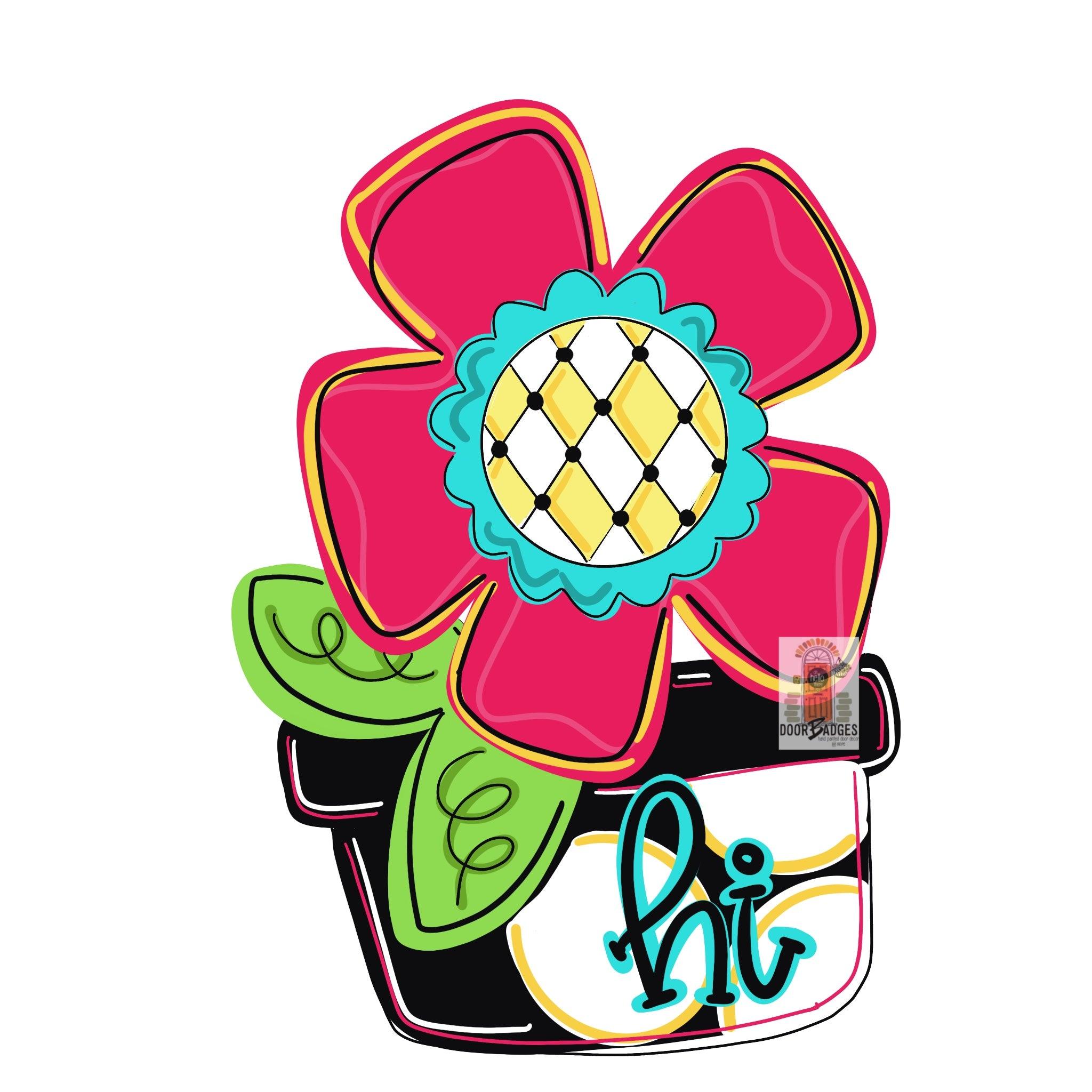 Funky Flower in Pot door hanger, spring flower, summer flower