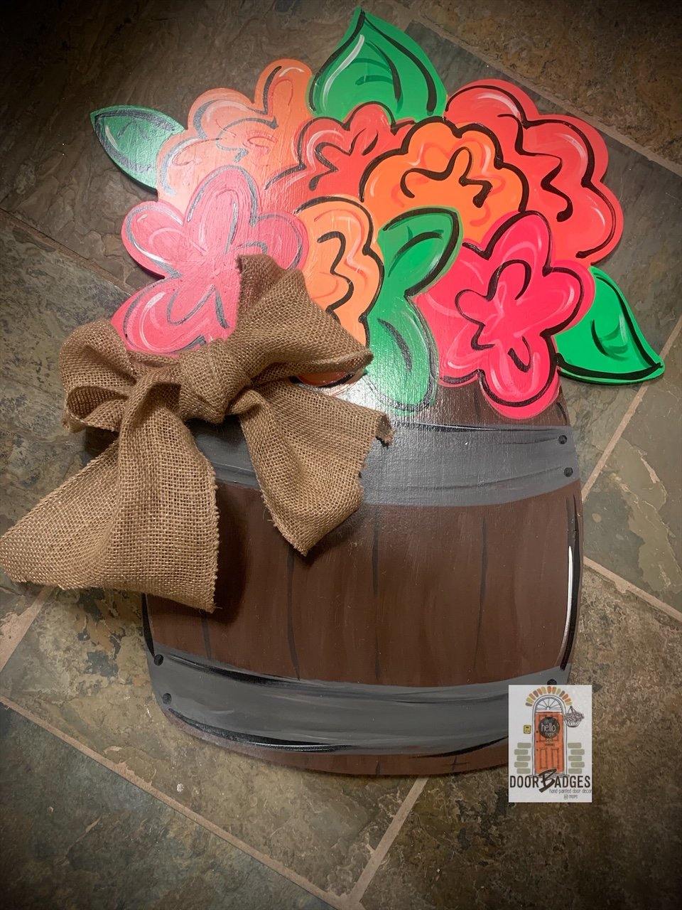 Flowers in Barrel door hanger, spring - summer flower wood cut out hand painted door hanger