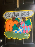 Pumpkin Trio with Sign Door Hanger, Thanksgiving door hanger, autumn door hanger, pumpkin decor, happy harvest, custom door hanger, fall, burlap