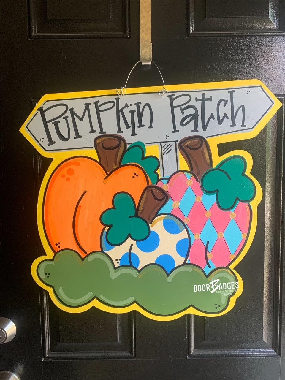 Pumpkin Trio with Sign Door Hanger, Thanksgiving door hanger, autumn door hanger, pumpkin decor, happy harvest, custom door hanger, fall, burlap