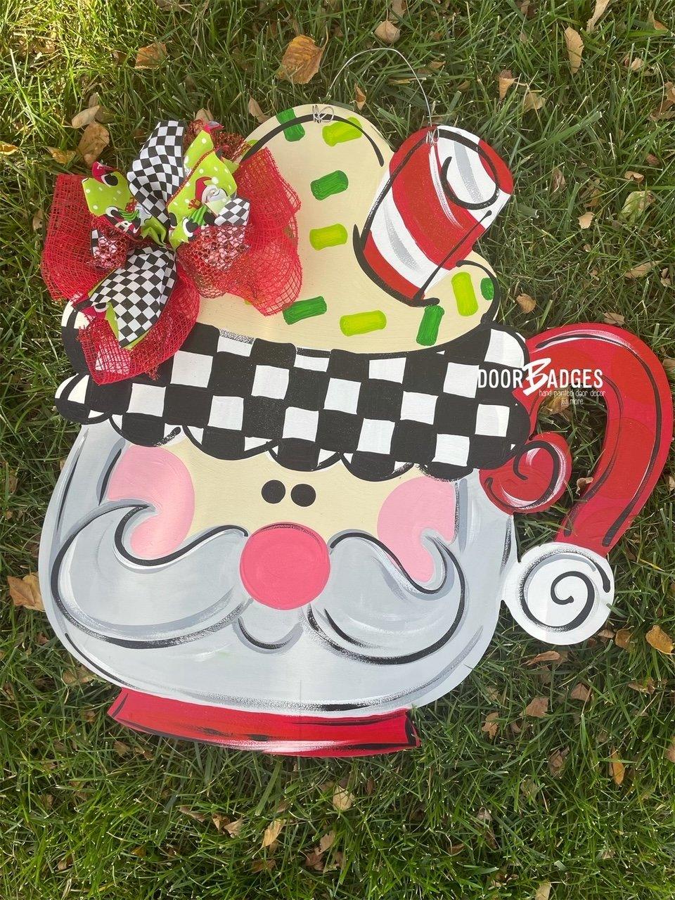 Ready to ship - Santa Mug door hanger, Winter Christmas Snow  wood cut out hand painted door hanger