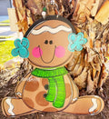 Gingerbread with Ear Muffs door hanger, Winter Christmas wood cut out hand painted door hanger