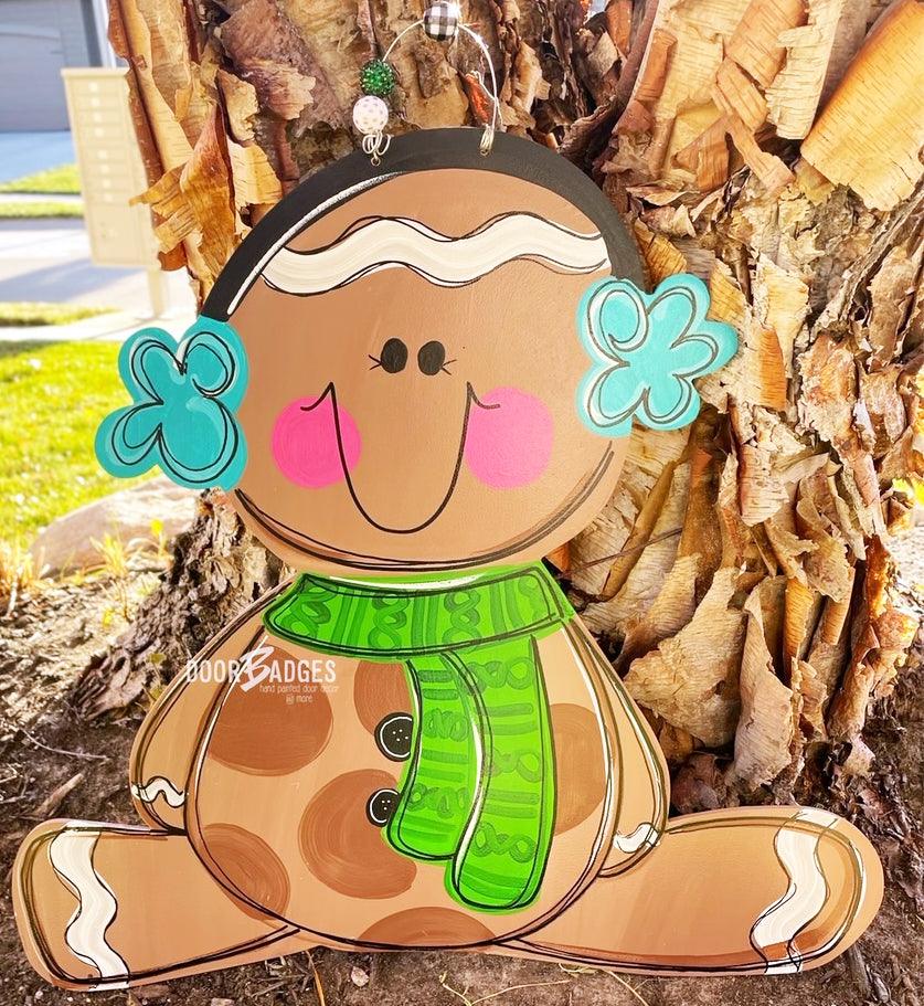 Gingerbread with Ear Muffs door hanger, Winter Christmas wood cut out hand painted door hanger