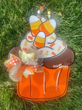Fall Candy Corn Cupcake Door Hanger - Sunflowers- Fall - Autumn - harvest - Thanksgiving -  pumpkin - thankful - cut out hand painted door hanger