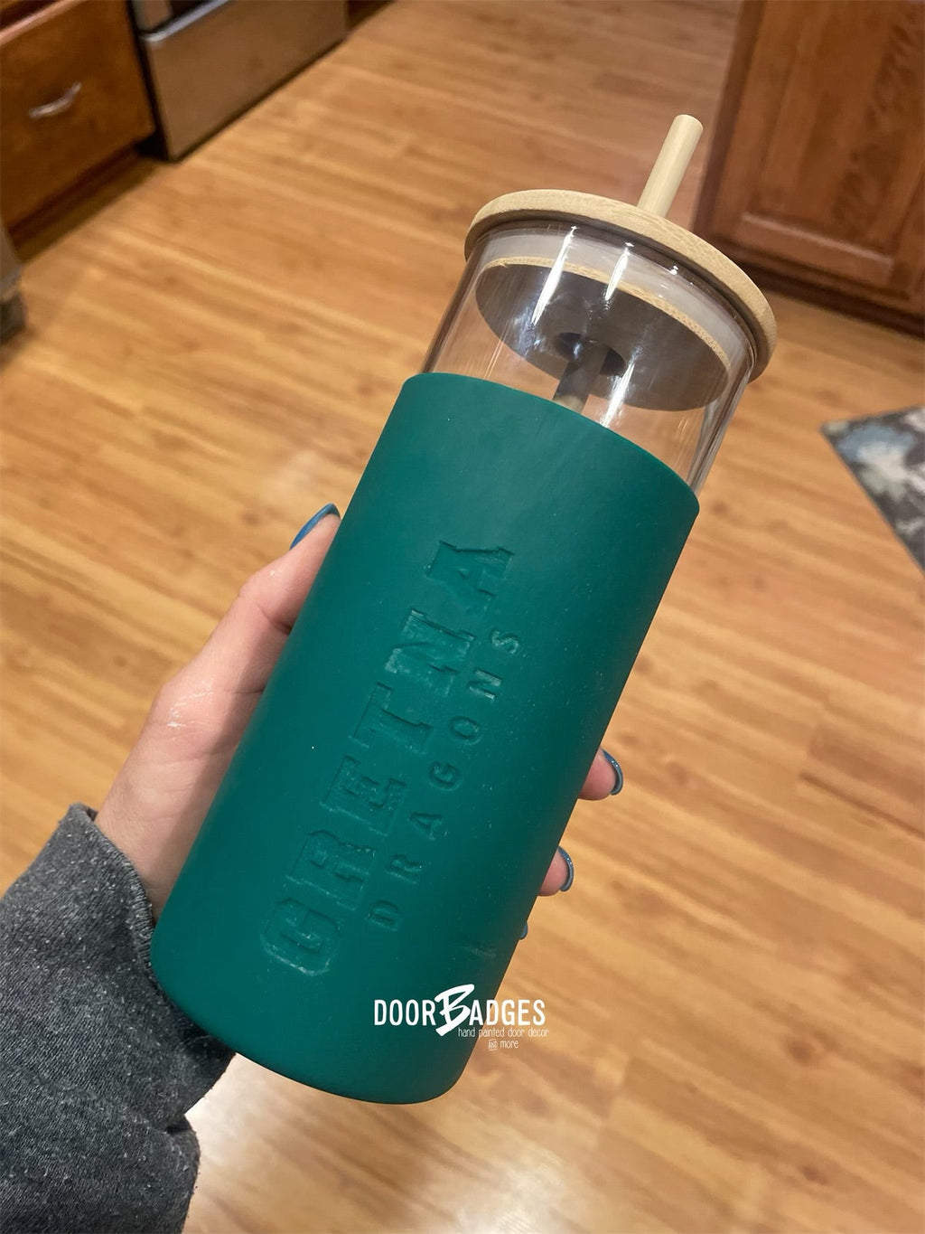 Glass Tumbler with Silicone Sleeve with Bamboo Lid and Straw
