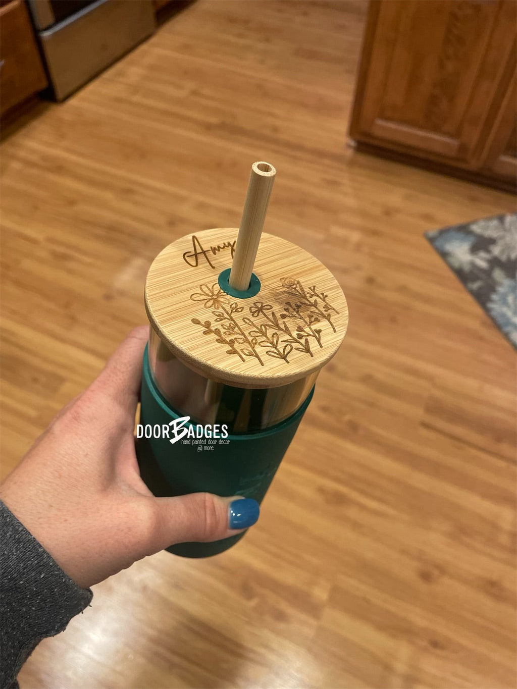 Glass Tumbler with Silicone Sleeve with Bamboo Lid and Straw