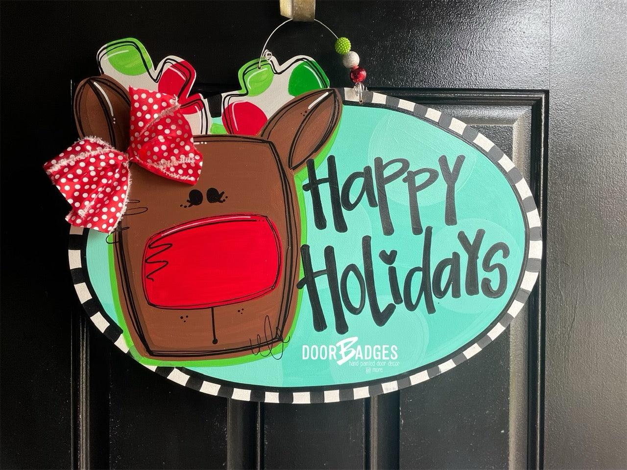Reindeer Oval Winter Door Hanger - Red Nosed Reindeer Winter Door Decoration