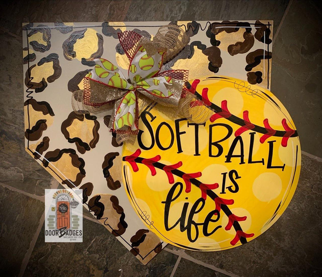 Home Plate Baseball/Softball with Leopard Print Door Hanger