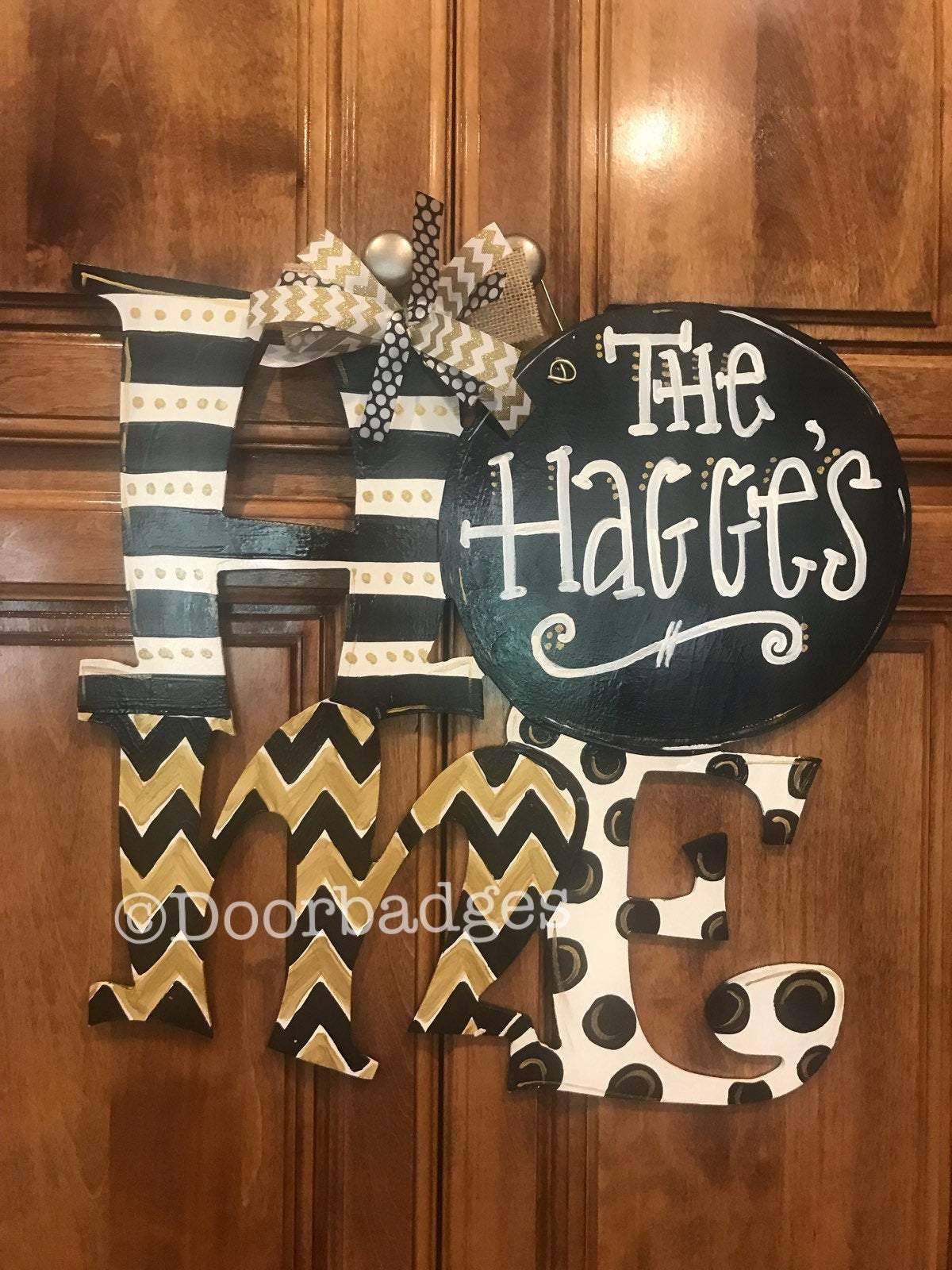 Black & Gold Home wood cut out hand painted door hanger
