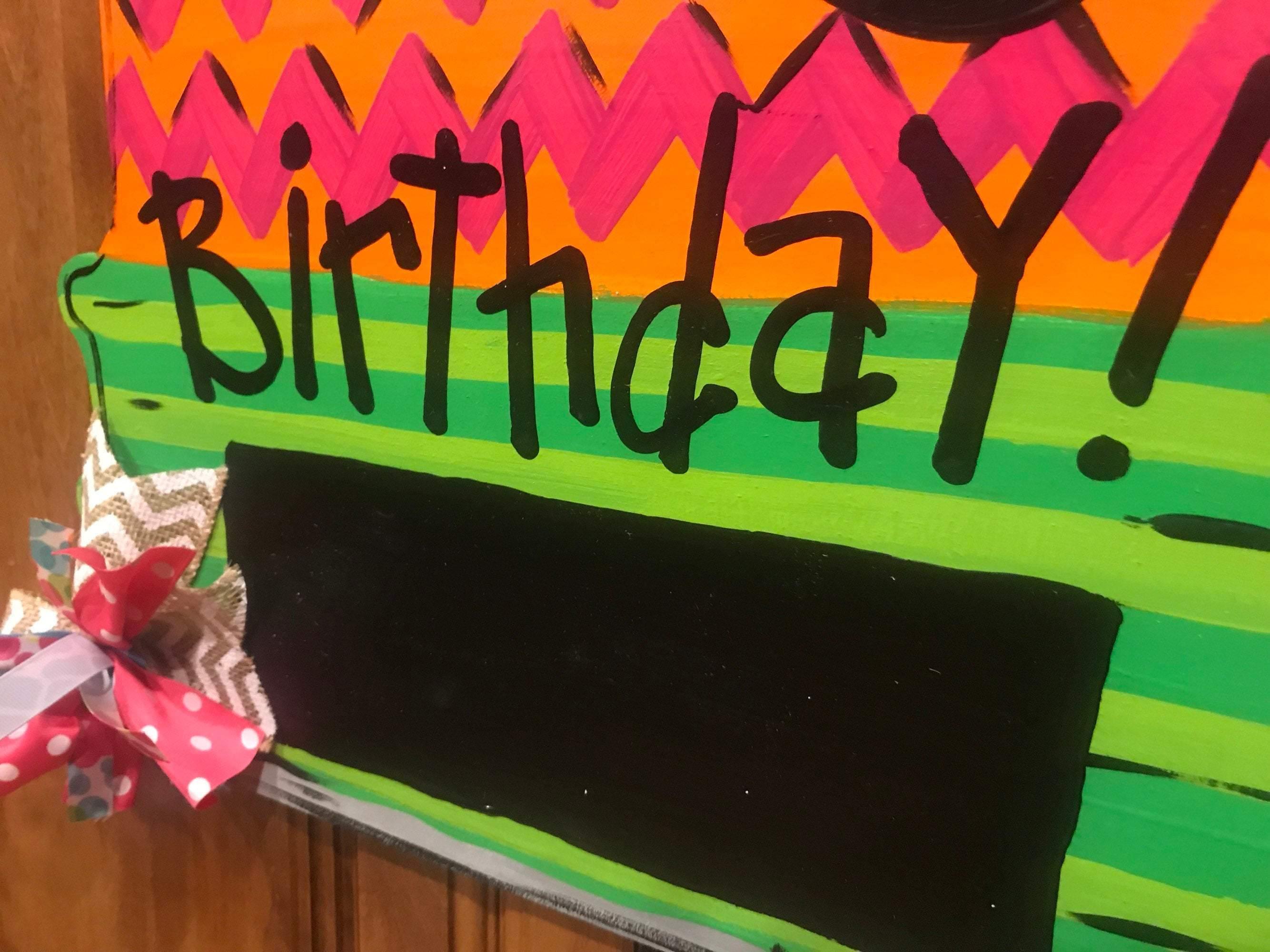 Sale Item: Happy Birthday - Tiered Cake - Chalkboard - Bright colors - wood cut out hand painted door hanger