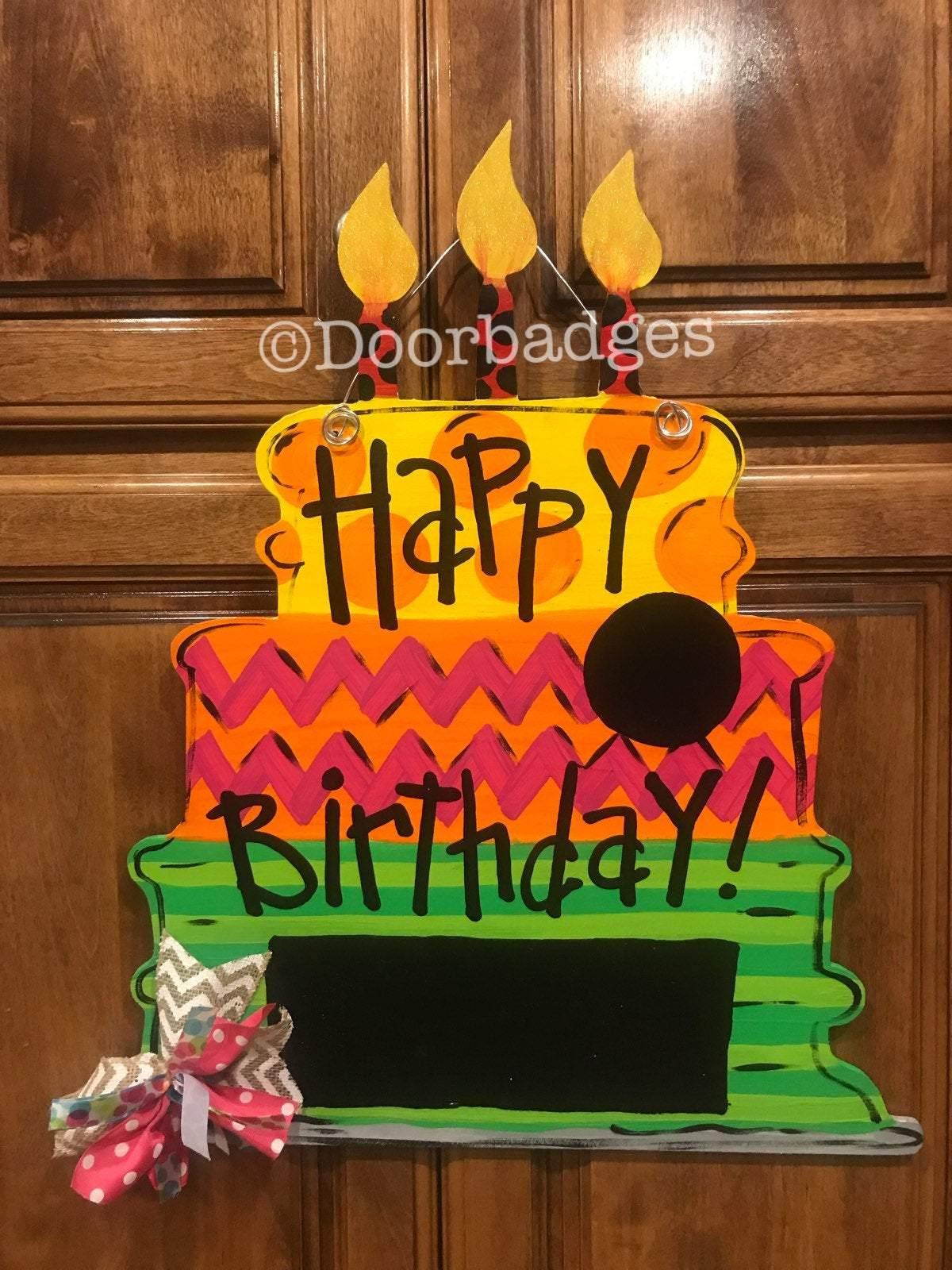 Happy Birthday - Tiered Cake - Chalkboard - Bright colors - wood cut out hand painted door hanger