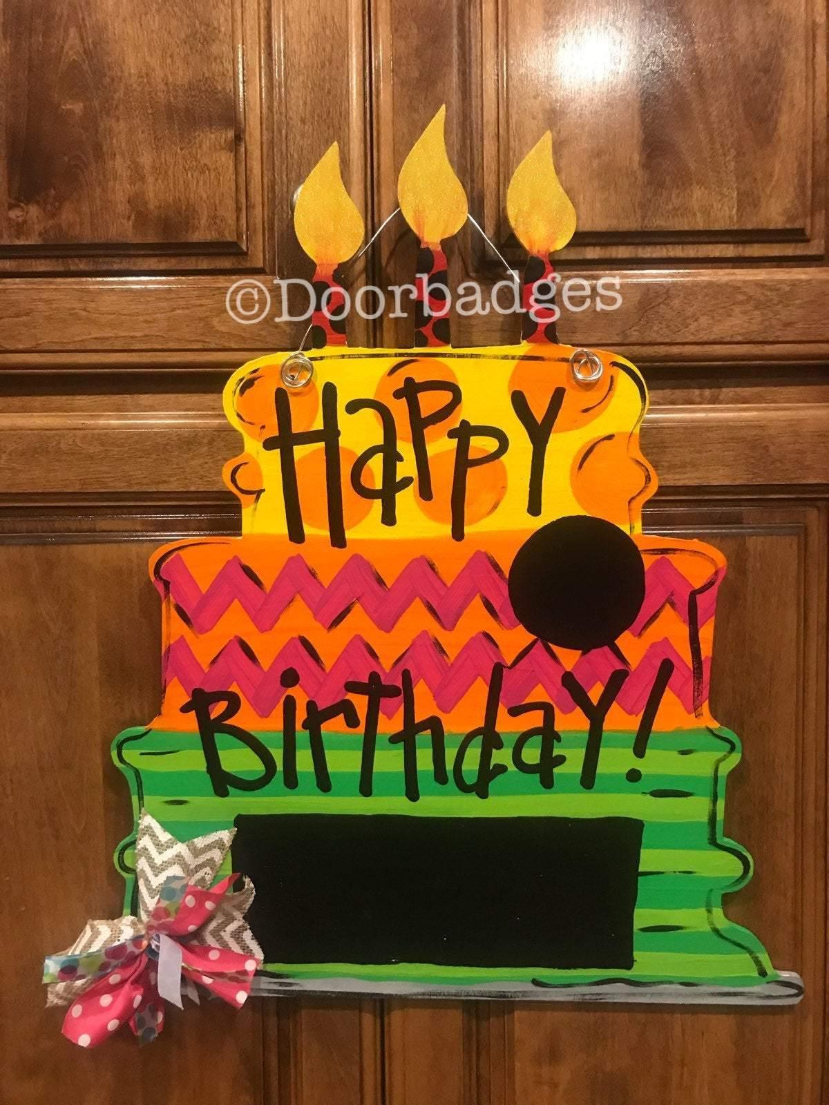 Sale Item: Happy Birthday - Tiered Cake - Chalkboard - Bright colors - wood cut out hand painted door hanger