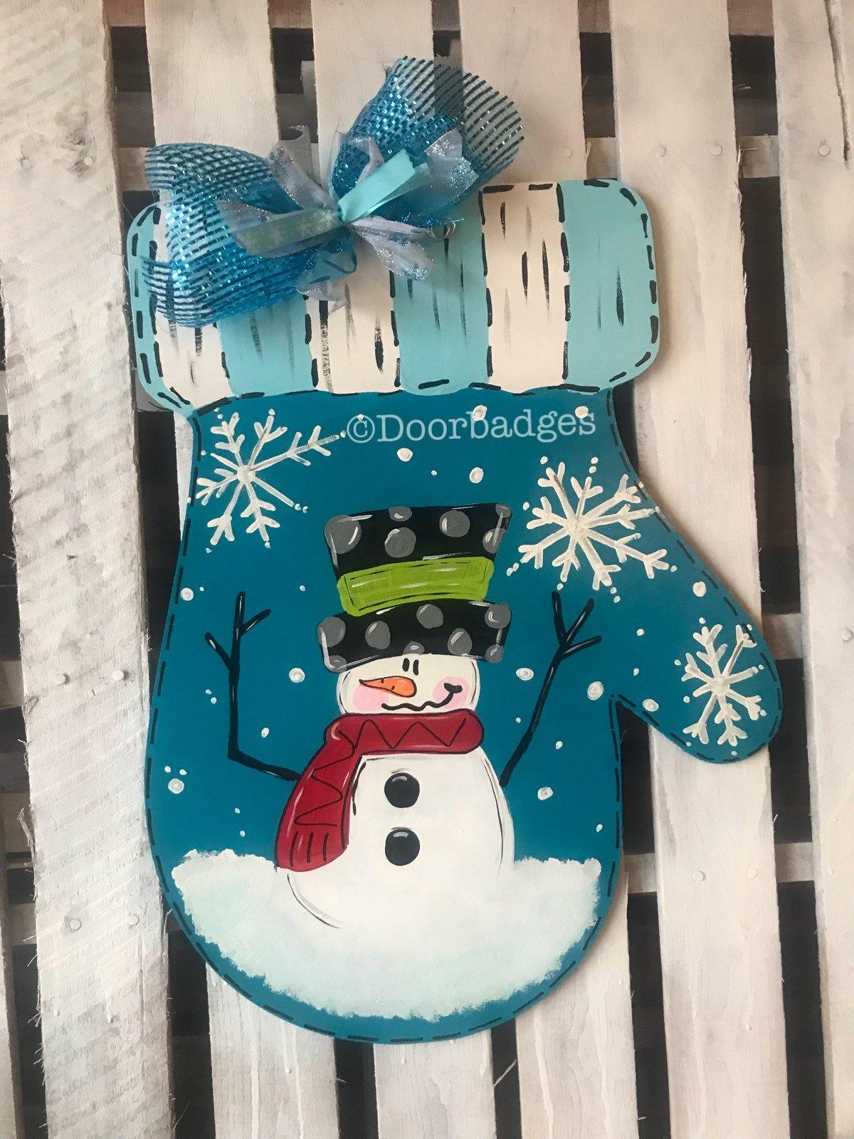 Christmas Mitten Door Hanger - Snowman Door Decoration -  Winter Door Decor