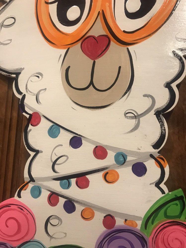 Llama door hanger, alpaca door decor, llama wreath - spring - summer doorhanger, flowers door hanger, hand painted