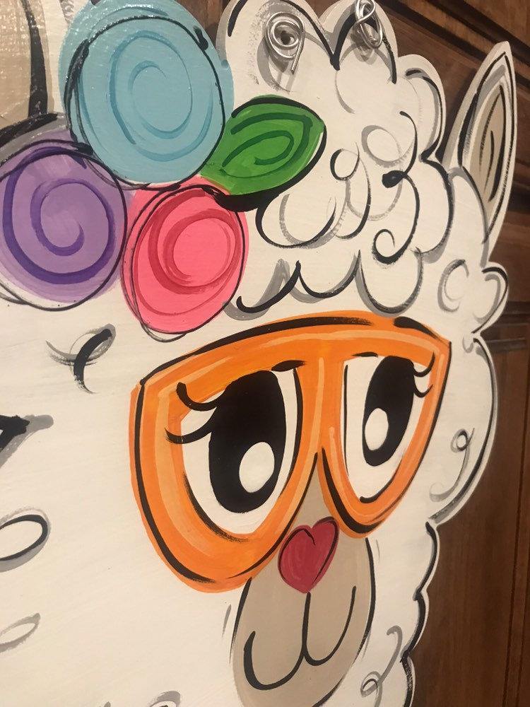 Llama door hanger, alpaca door decor, llama wreath - spring - summer doorhanger, flowers door hanger, hand painted