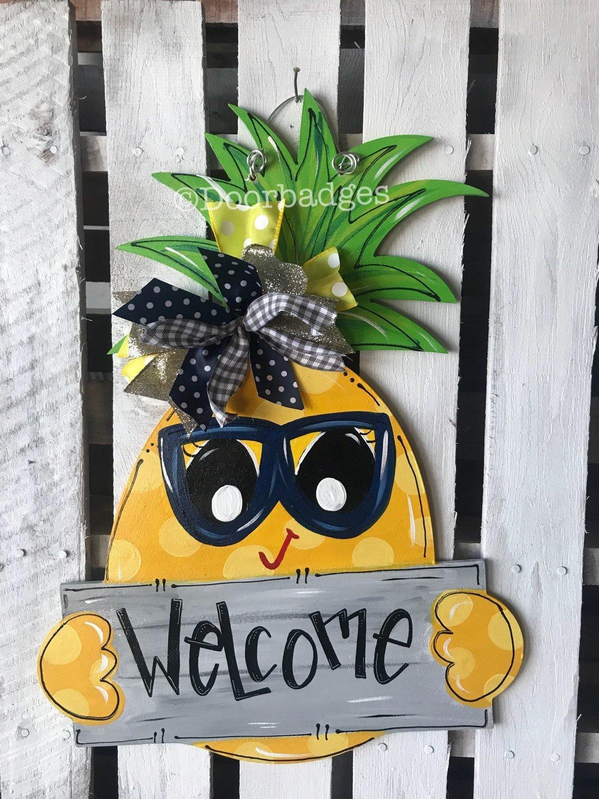 Pineapple Door Hanger - sunglasses door Decor - welcome wreath - spring summer hand painted personalized door hanger