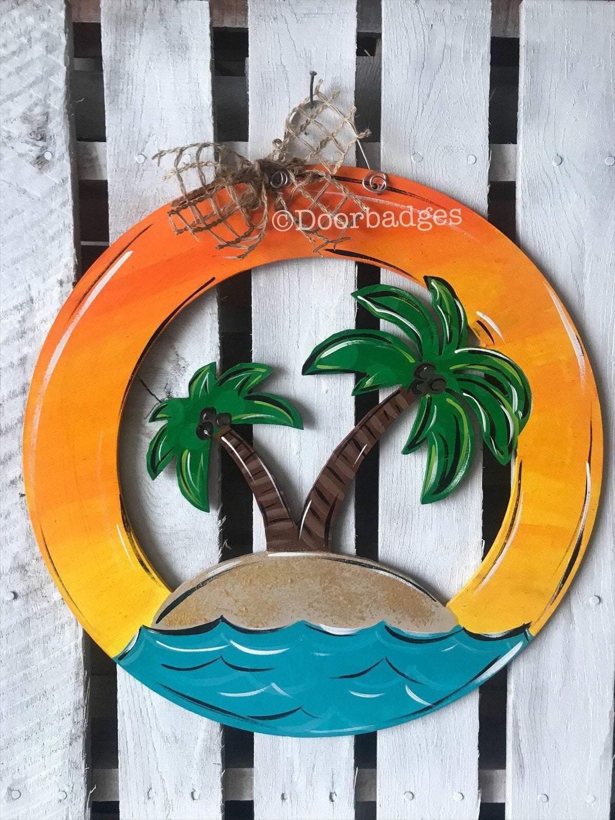 Palm tree summer Door Hanger - beach door Decor - pool wreath - tropical - hand painted personalized door hanger