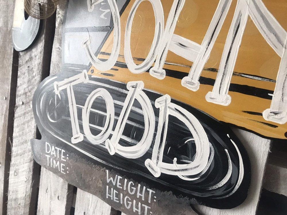 Baby Announcement Door Hanger - baby boy - construction - hospital door hanger - birth door decor - nursery decor - hand painted