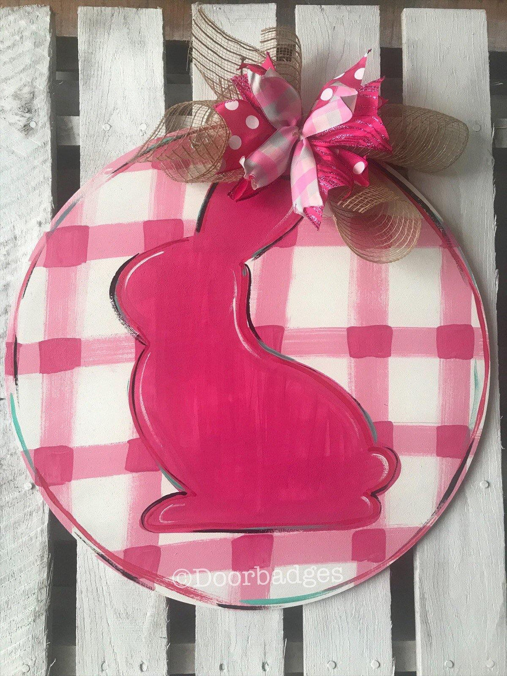 Easter Door Hanger - easter Bunny plaid door Decor - bunny farmhouse wreath
