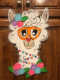 Llama door hanger, alpaca door decor, llama wreath - spring - summer doorhanger, flowers door hanger, hand painted