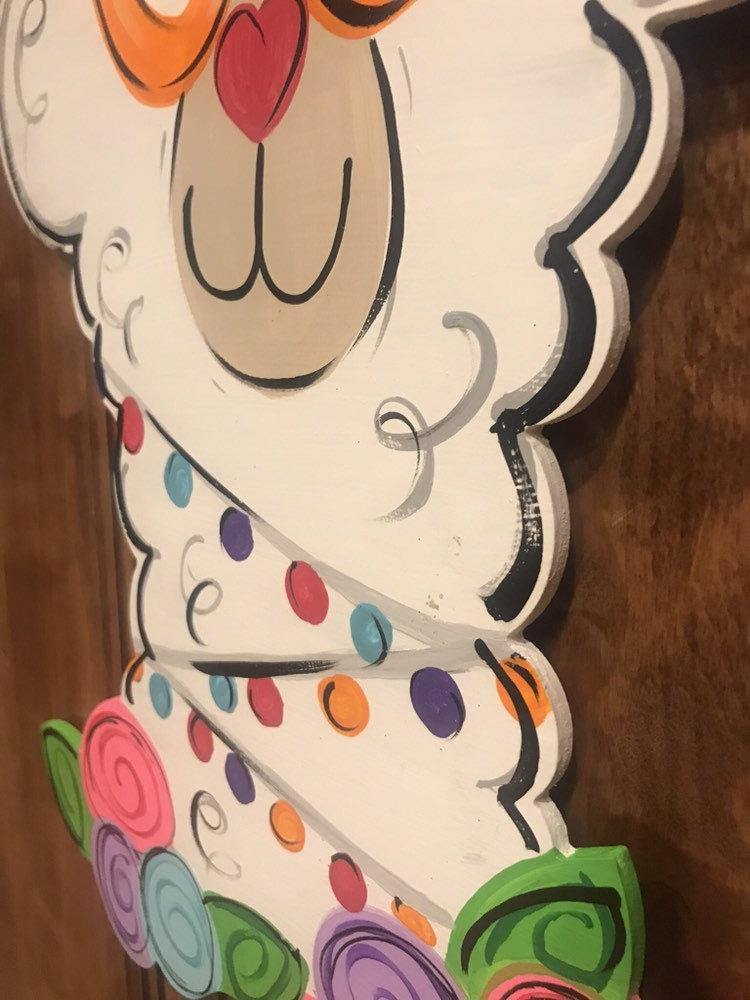 Llama door hanger, alpaca door decor, llama wreath - spring - summer doorhanger, flowers door hanger, hand painted