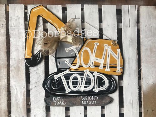 Baby Announcement Door Hanger - baby boy - construction - hospital door hanger - birth door decor - nursery decor - hand painted