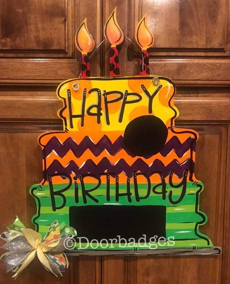 Happy Birthday - Tiered Cake - Chalkboard - Bright colors - wood cut out hand painted door hanger
