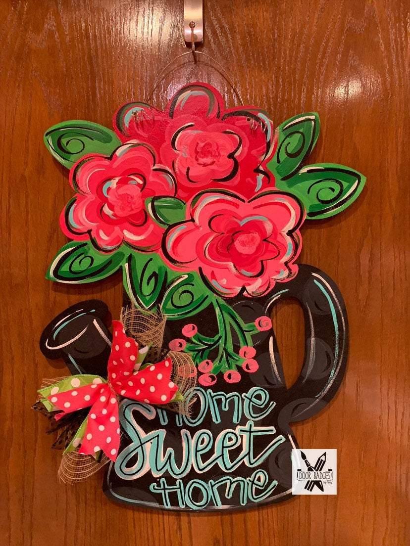 Flower Watering Can door hanger, spring - summer flower wood cut out hand painted door hanger