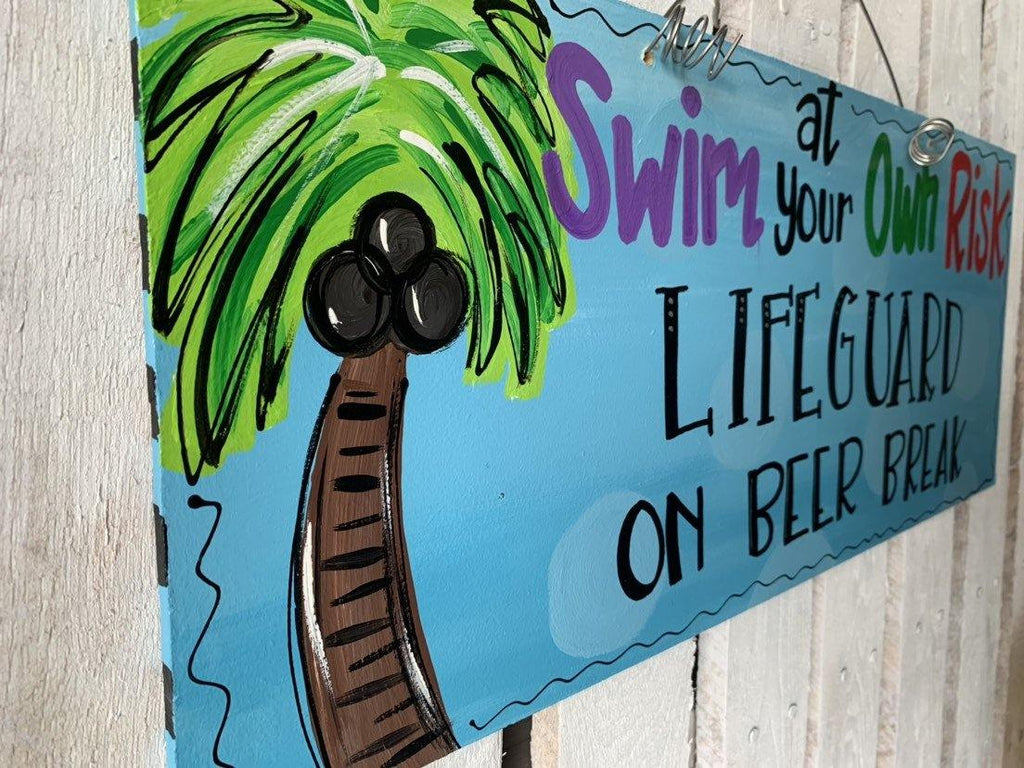 Pool Sign, Lifeguard Duty Sign, Swim sign decor, wood cut out hand painted door hanger