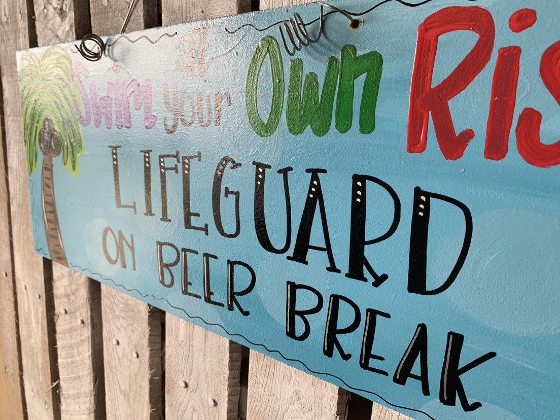 Pool Sign, Lifeguard Duty Sign, Swim sign decor, wood cut out hand painted door hanger