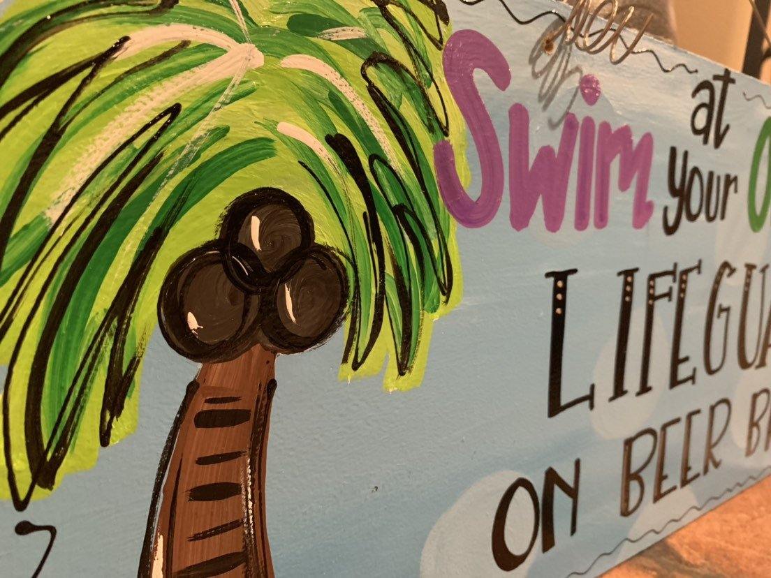 Pool Sign, Lifeguard Duty Sign, Swim sign decor, wood cut out hand painted door hanger