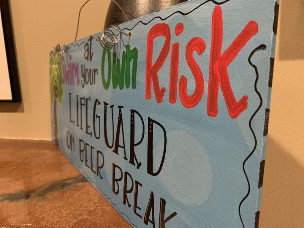 Pool Sign, Lifeguard Duty Sign, Swim sign decor, wood cut out hand painted door hanger
