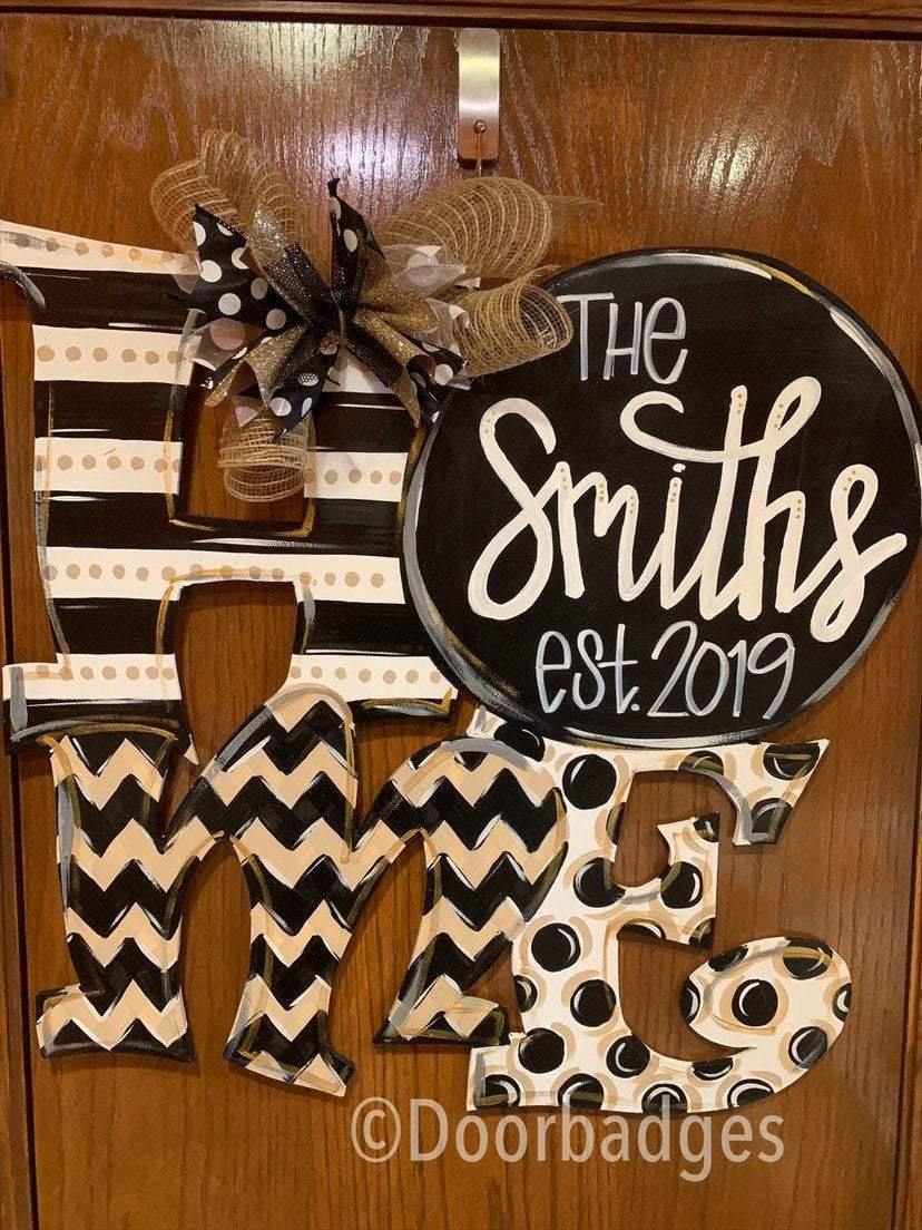 Black & Gold Home wood cut out hand painted door hanger