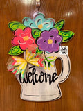 Flower Watering Can door hanger, spring - summer flower wood cut out hand painted door hanger