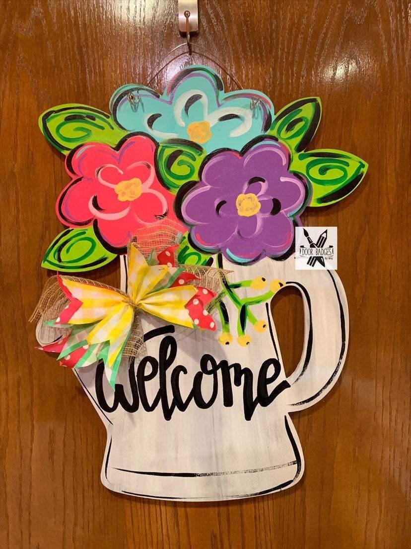 Flower Watering Can door hanger, spring - summer flower wood cut out hand painted door hanger