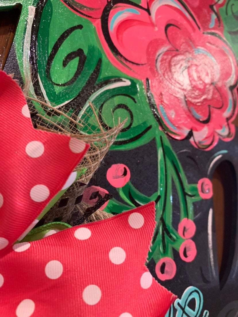 Flower Watering Can door hanger, spring - summer flower wood cut out hand painted door hanger