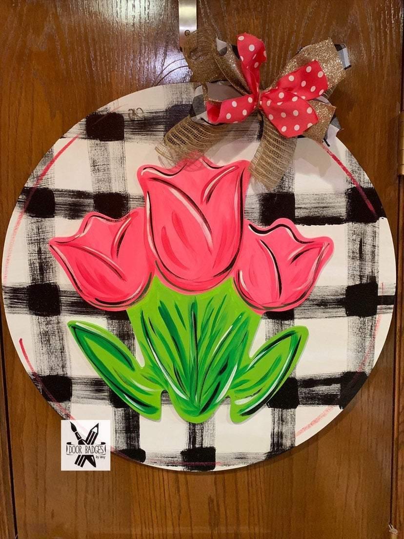 Flower door hanger, spring tulip flower, summer flower wood cut out hand painted door hanger
