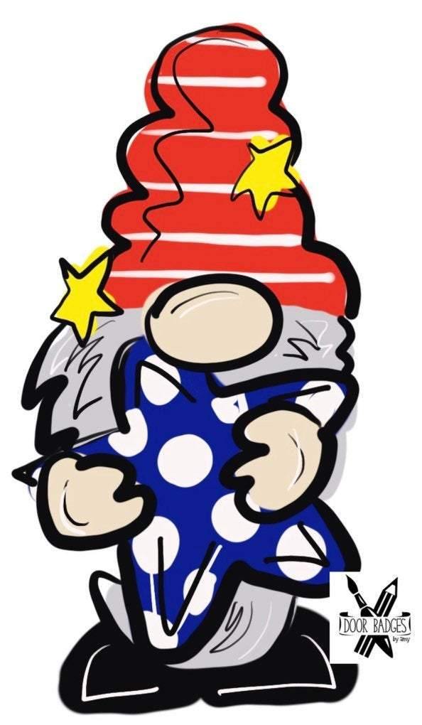 Gnome 4th of July Door Hanger - Patriotic- Red White Blue wood cut out hand painted personalized door hanger